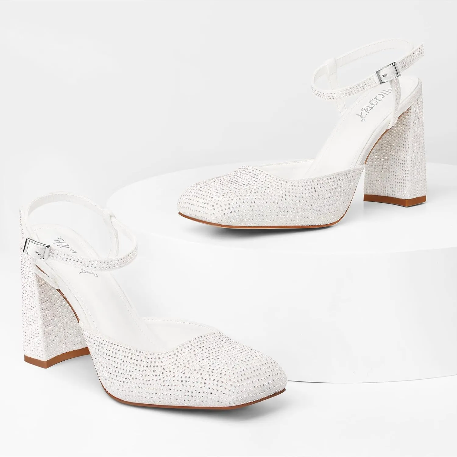 Women's Rhinestone Closed Square Toe Chunky High Heel Sandals Ankle Strap Buckle Slingback Party Dress Pumps Shoes