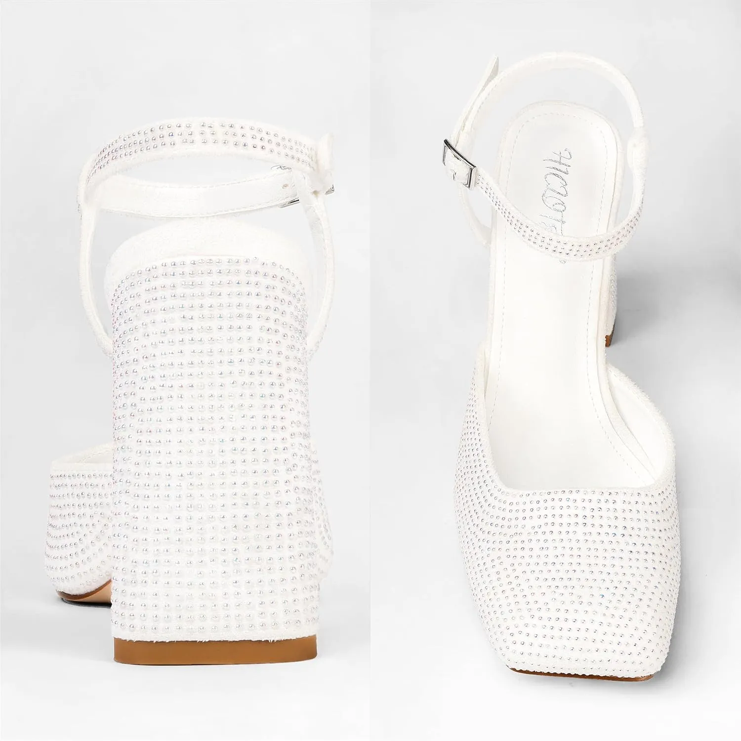 Women's Rhinestone Closed Square Toe Chunky High Heel Sandals Ankle Strap Buckle Slingback Party Dress Pumps Shoes