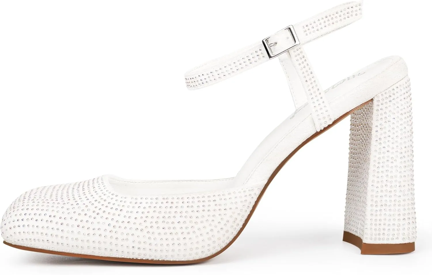 Women's Rhinestone Closed Square Toe Chunky High Heel Sandals Ankle Strap Buckle Slingback Party Dress Pumps Shoes