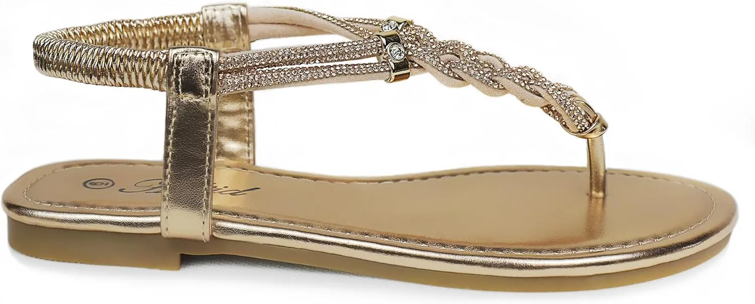 Women's Rhinestone Thong Flat Sandals Elastic Ankle Strap Bohemian Dressy Sandals for Women