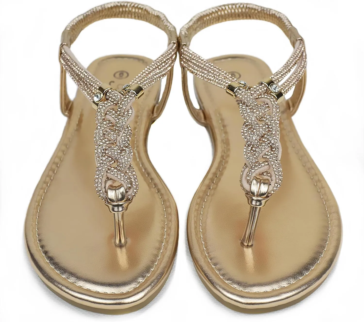 Women's Rhinestone Thong Flat Sandals Elastic Ankle Strap Bohemian Dressy Sandals for Women