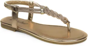 Women's Rhinestone Thong Flat Sandals Elastic Ankle Strap Bohemian Dressy Sandals for Women