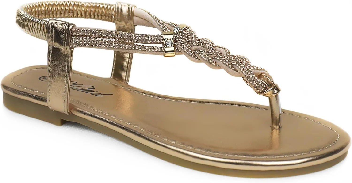 Women's Rhinestone Thong Flat Sandals Elastic Ankle Strap Bohemian Dressy Sandals for Women