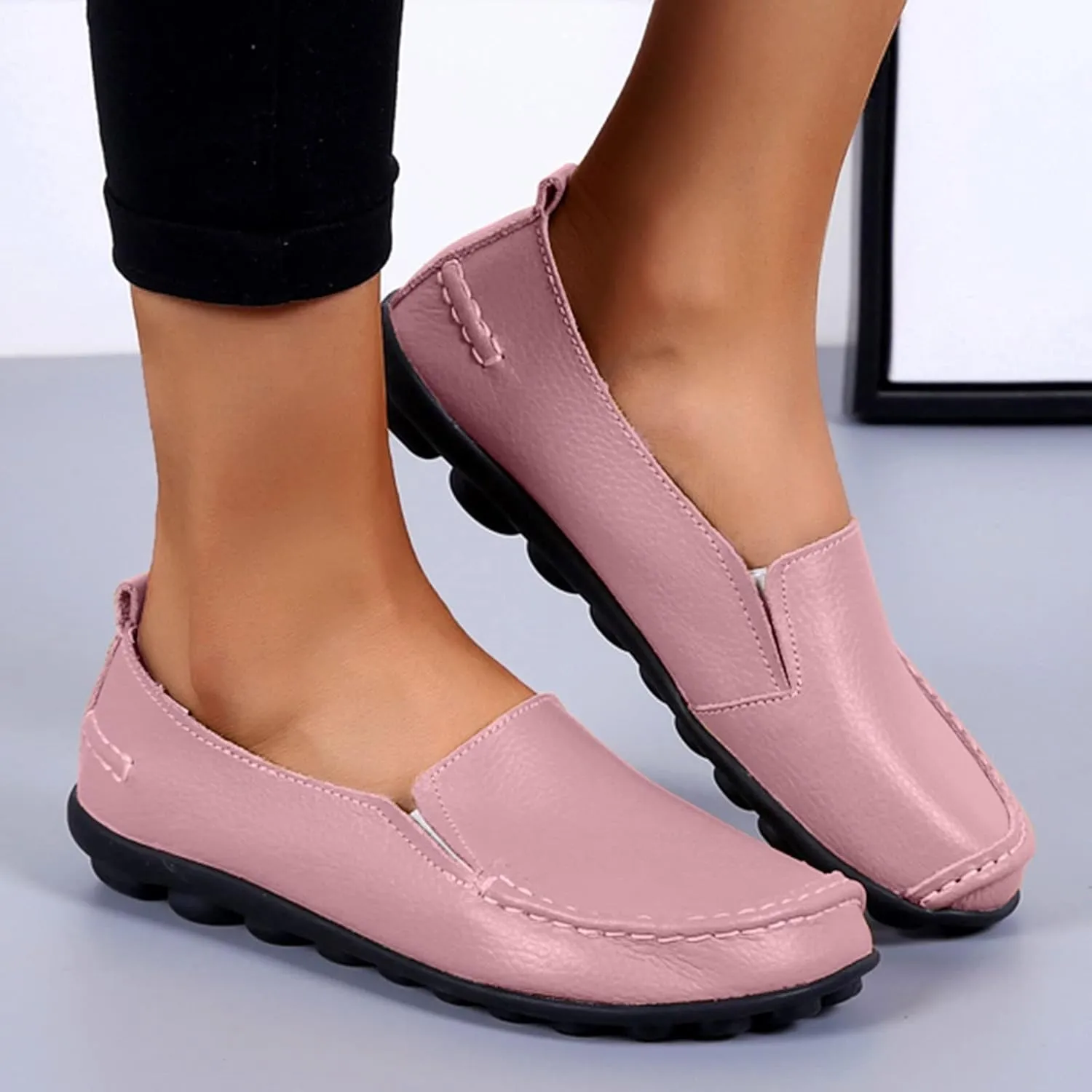 Women's Slip On Leather Shoes Soft Flat Soled Non Slip Elderly Loafers Orthopedic Slip-On Loafers Work Shoes