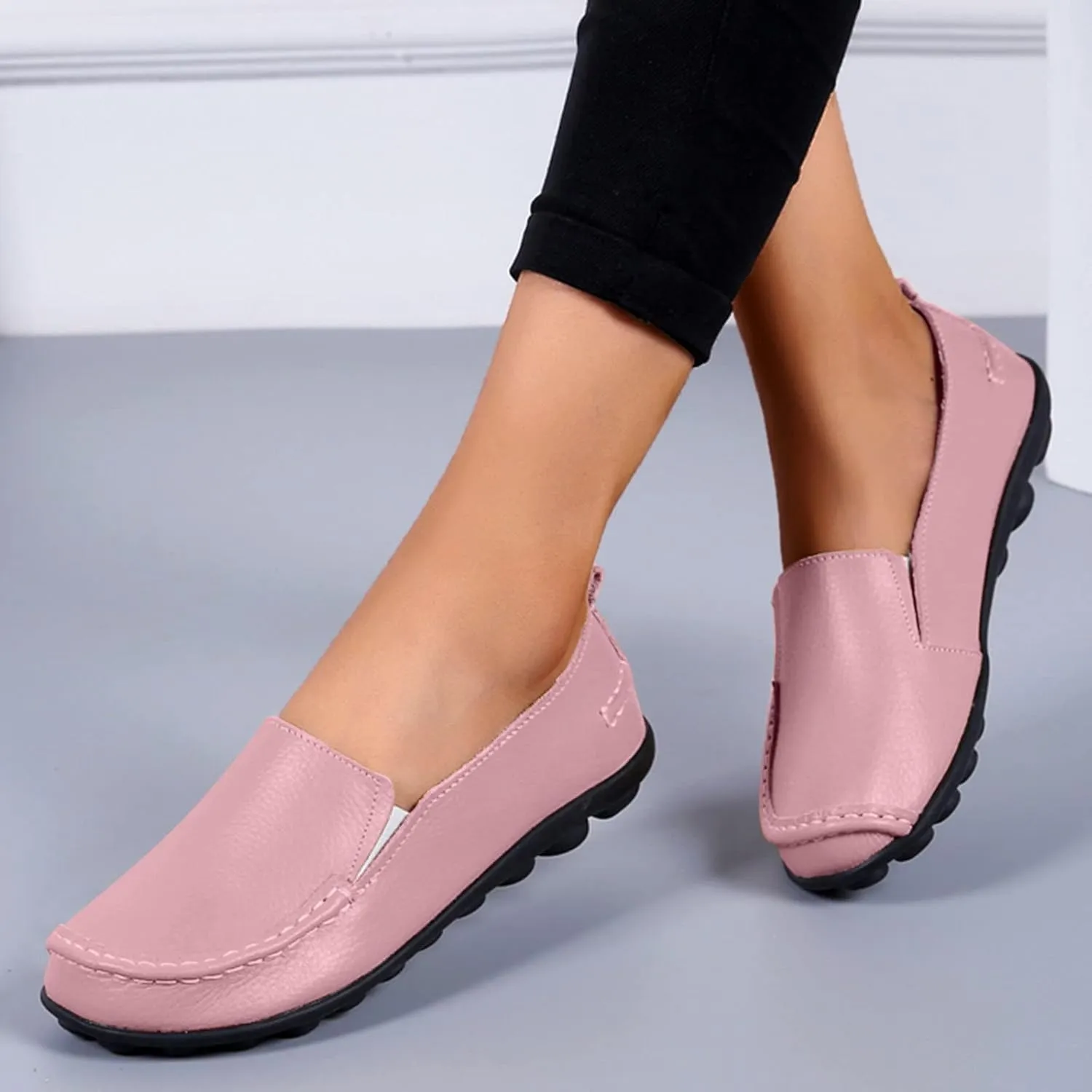 Women's Slip On Leather Shoes Soft Flat Soled Non Slip Elderly Loafers Orthopedic Slip-On Loafers Work Shoes