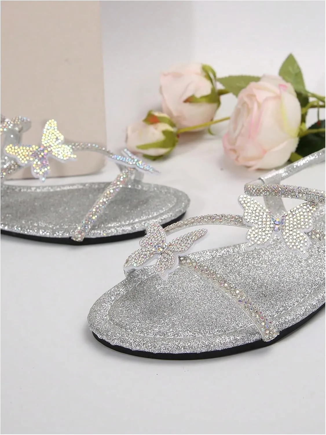 Women's Sparkly Rhinestone Flat Sandals Glitter Bling Butterfly Strappy Open Toe Slides