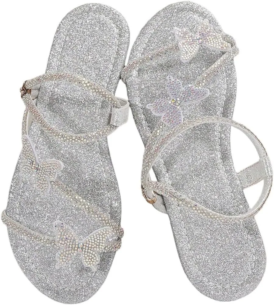 Women's Sparkly Rhinestone Flat Sandals Glitter Bling Butterfly Strappy Open Toe Slides
