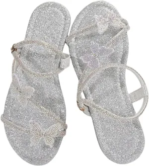 Women's Sparkly Rhinestone Flat Sandals Glitter Bling Butterfly Strappy Open Toe Slides