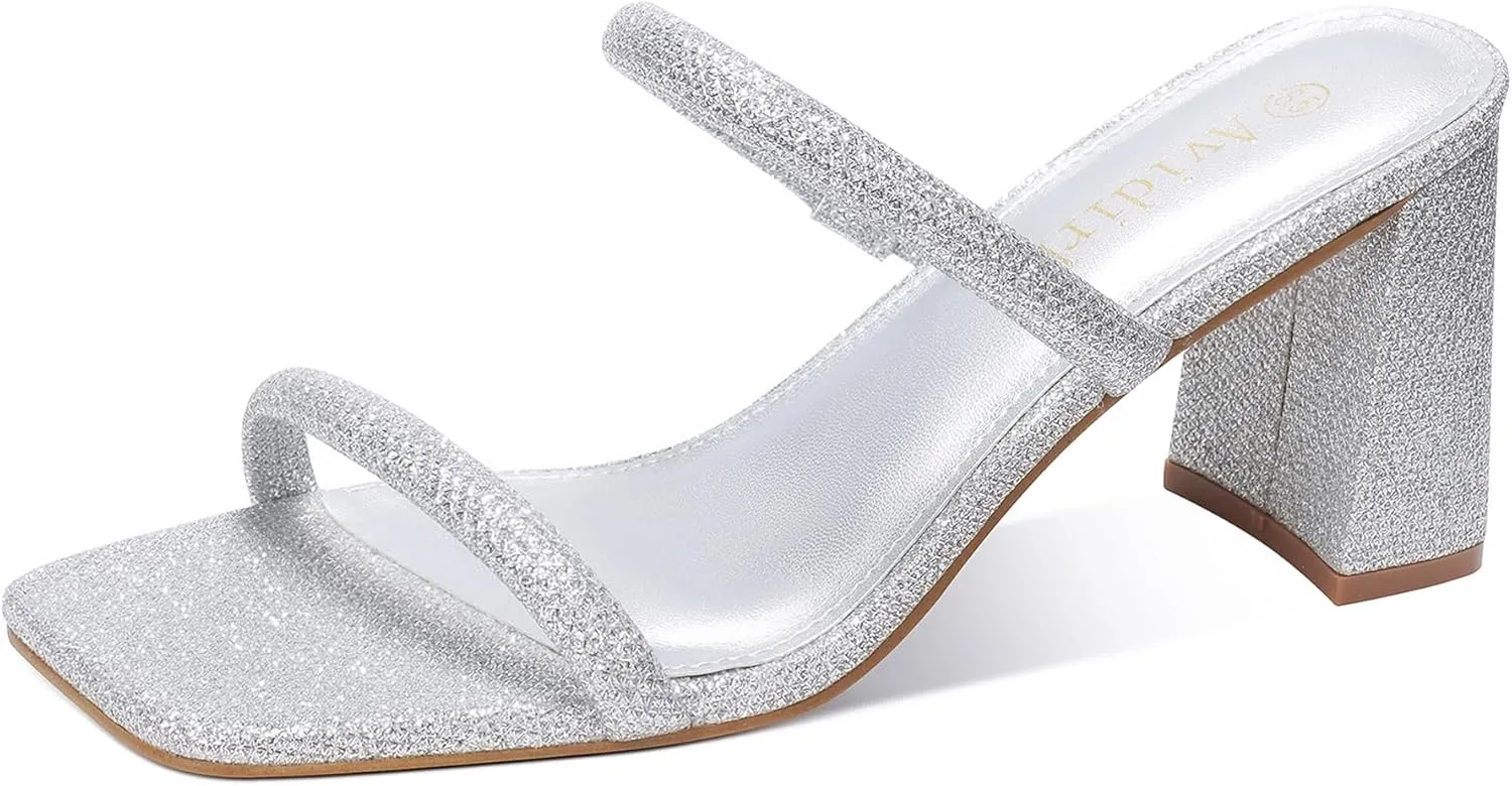 Women's Square Open Toe Heeled Sandals Two Strap Mules Slip On Block Chunky Mid Heels Sandals