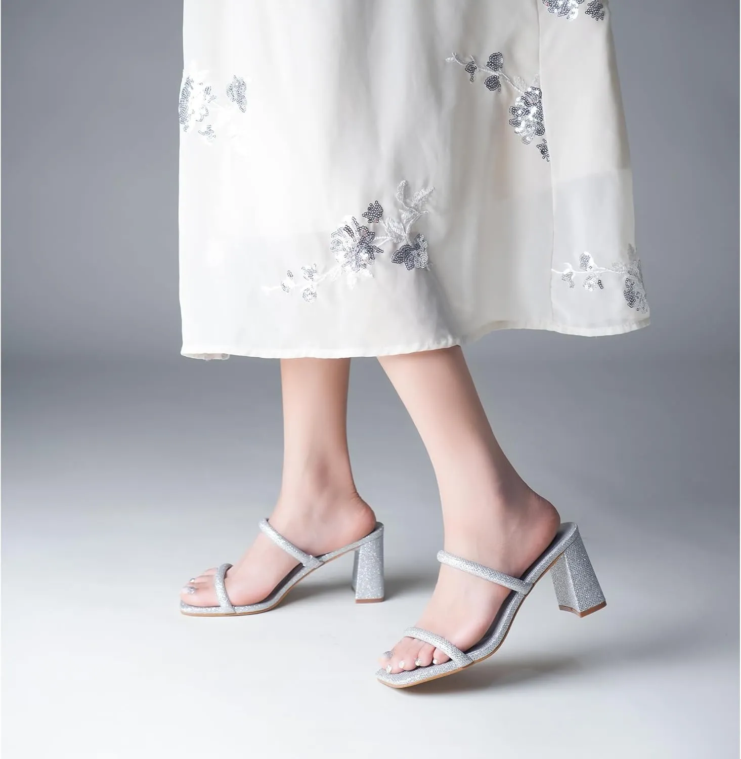 Women's Square Open Toe Heeled Sandals Two Strap Mules Slip On Block Chunky Mid Heels Sandals
