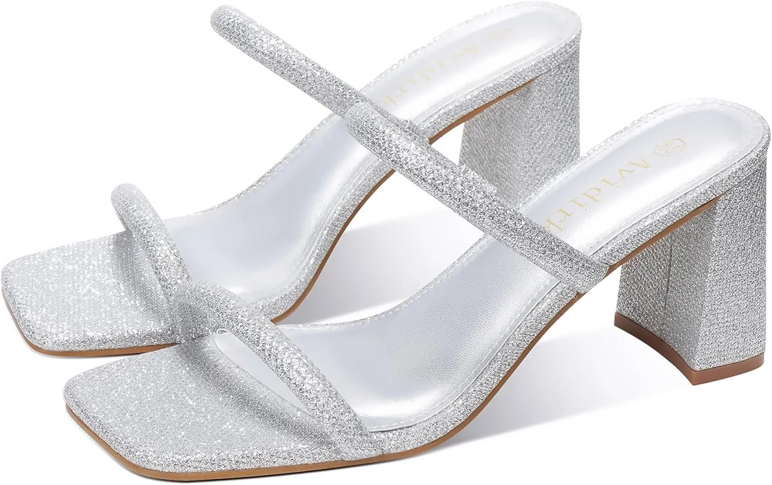 Women's Square Open Toe Heeled Sandals Two Strap Mules Slip On Block Chunky Mid Heels Sandals