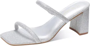 Women's Square Open Toe Heeled Sandals Two Strap Mules Slip On Block Chunky Mid Heels Sandals