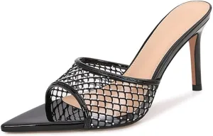 Womens Stiletto Heel Rhinestone Mesh Mules Slip On Pointed Toe Crystal Slides Slippers