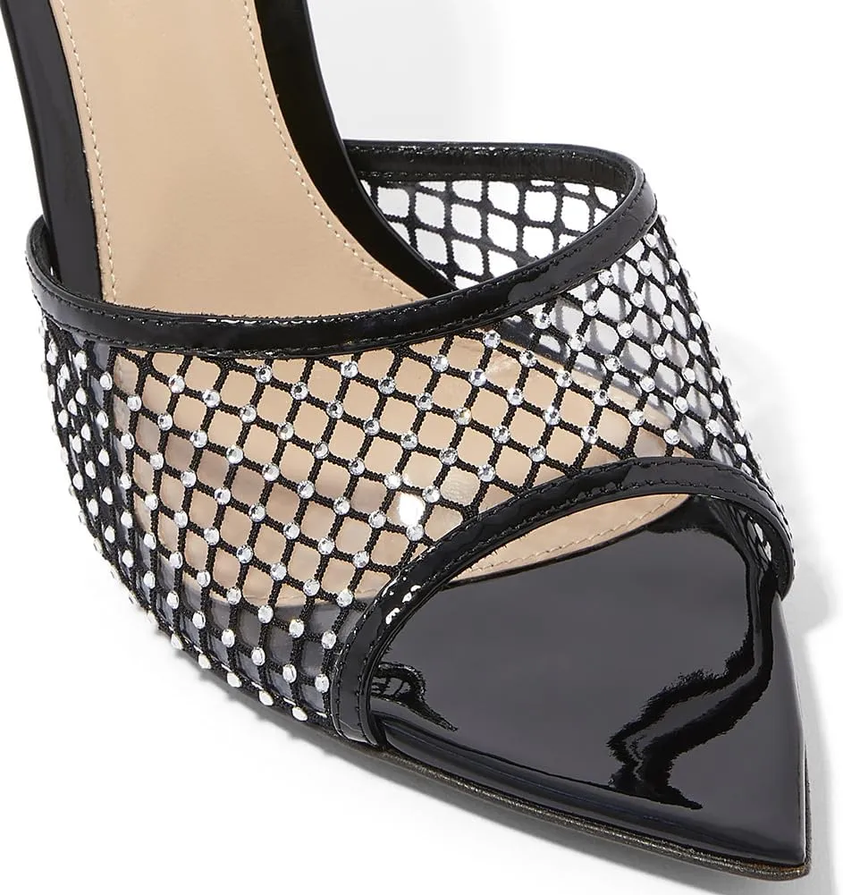 Womens Stiletto Heel Rhinestone Mesh Mules Slip On Pointed Toe Crystal Slides Slippers