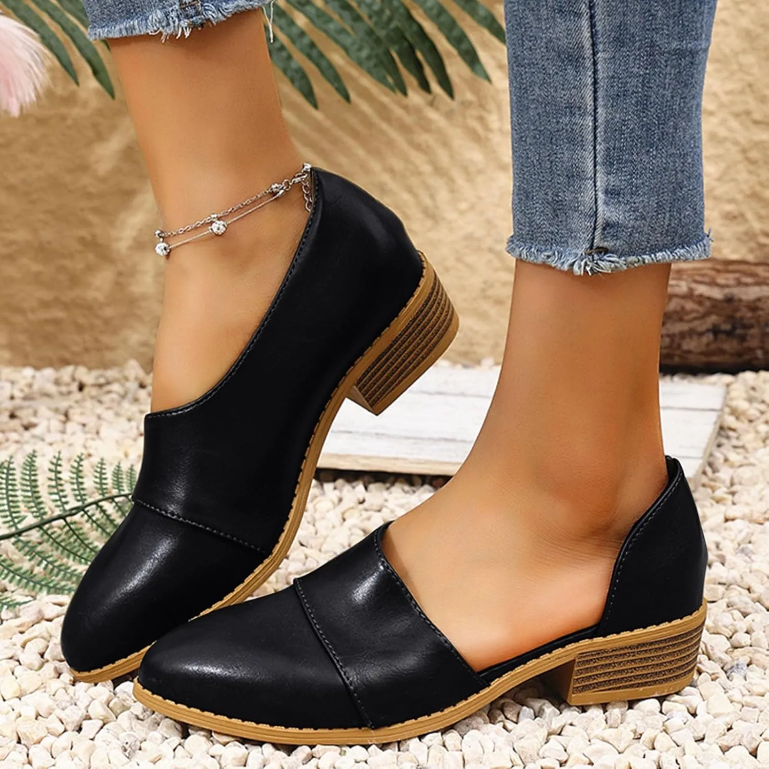 Women's Summer Boots 2025 Fashion Side Cut Out Flat Loafer Pointed Toe Chunky Block Low Heel Western Ankle Booties
