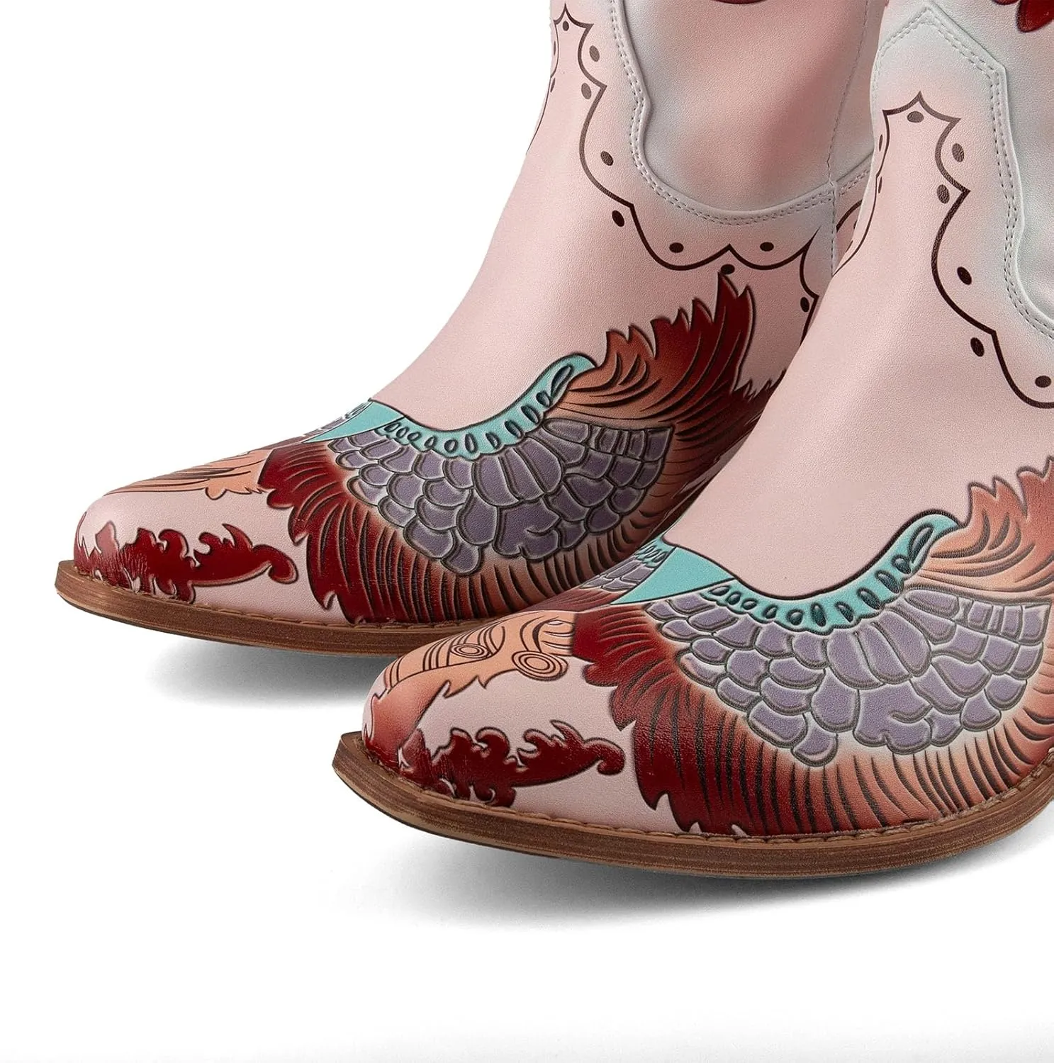 Women's Swallow Floral Embroidered Cowgirl Boots - Chunky Low Heels - Handmade Rivets - Western Cowboy Knee High Boots - Pull On - Blue, Black, Green - Patchwork - Wide Calf