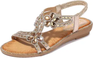 Women's T-Strap Beaded Flower Rhinestone Flat Sandals Dress Beach Shoes
