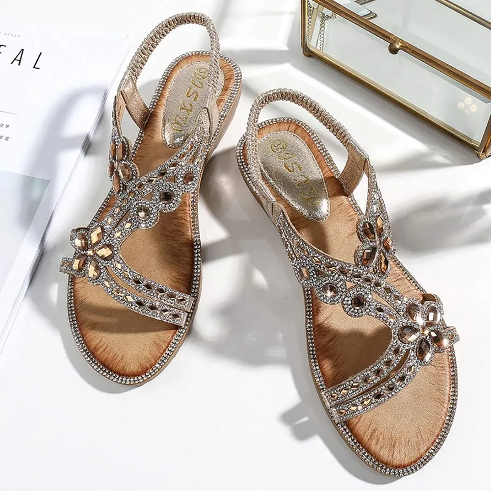 Women's T-Strap Beaded Flower Rhinestone Flat Sandals Dress Beach Shoes