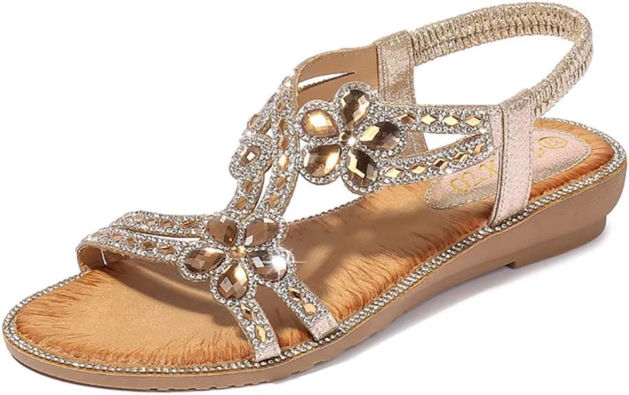 Women's T-Strap Beaded Flower Rhinestone Flat Sandals Dress Beach Shoes