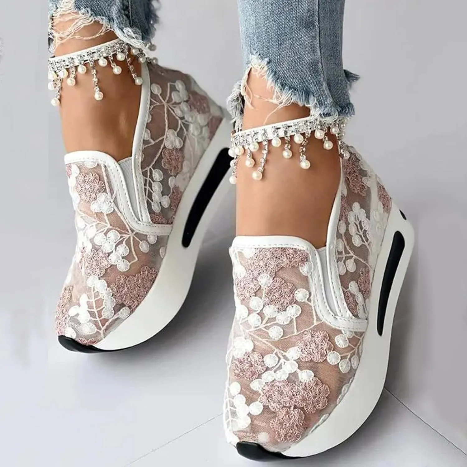 Womenyiaor Platform Wedge Sneakers for Women Dressy, Women's Fashion Sneakers 2024 Floral Embroidery Breathable Sheer Mesh High Heel Slip on Sneakers Casual Comfortable Walking Shoes