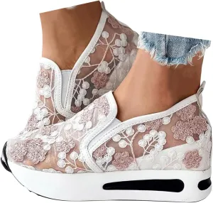Womenyiaor Platform Wedge Sneakers for Women Dressy, Women's Fashion Sneakers 2024 Floral Embroidery Breathable Sheer Mesh High Heel Slip on Sneakers Casual Comfortable Walking Shoes