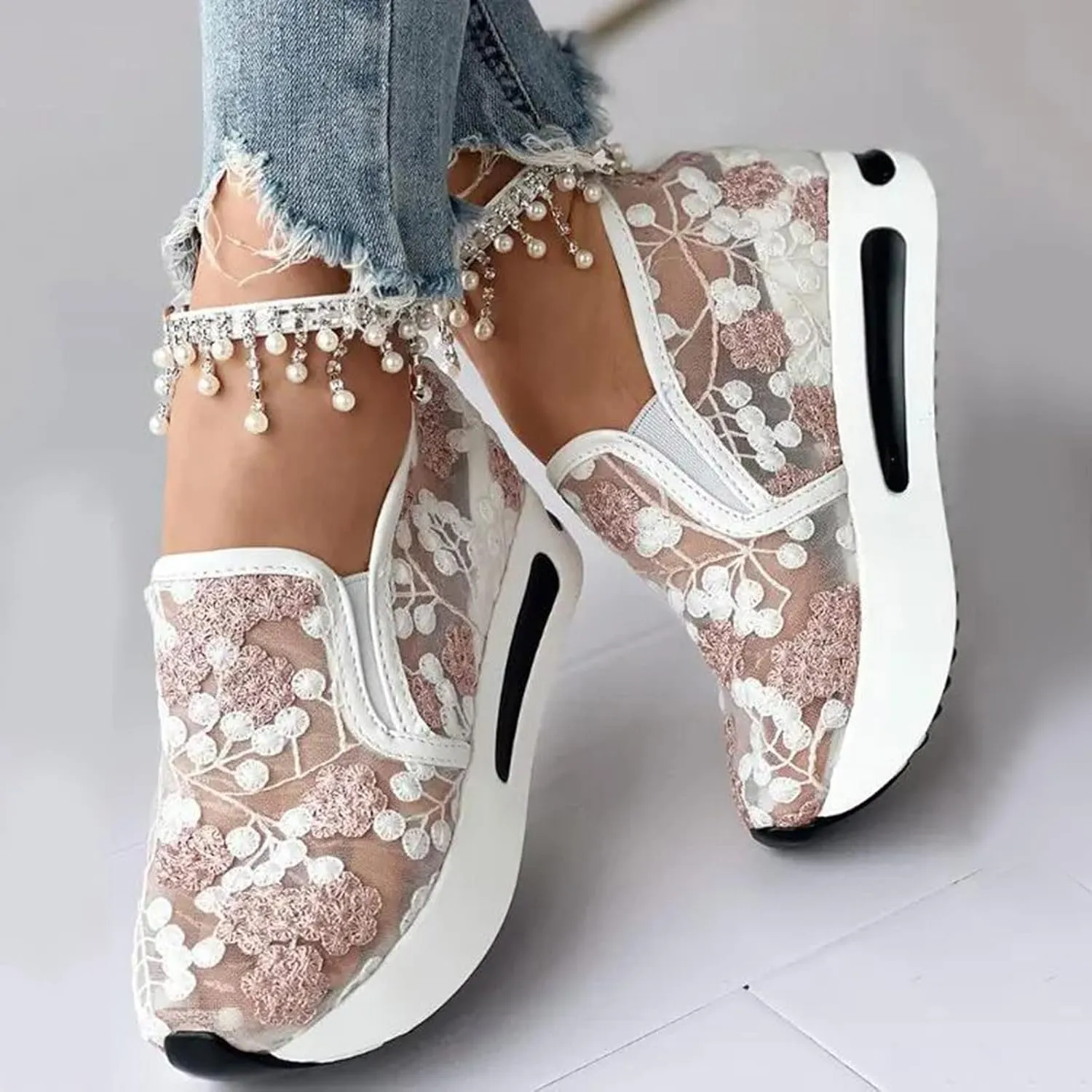 Womenyiaor Platform Wedge Sneakers for Women Dressy, Women's Fashion Sneakers 2024 Floral Embroidery Breathable Sheer Mesh High Heel Slip on Sneakers Casual Comfortable Walking Shoes