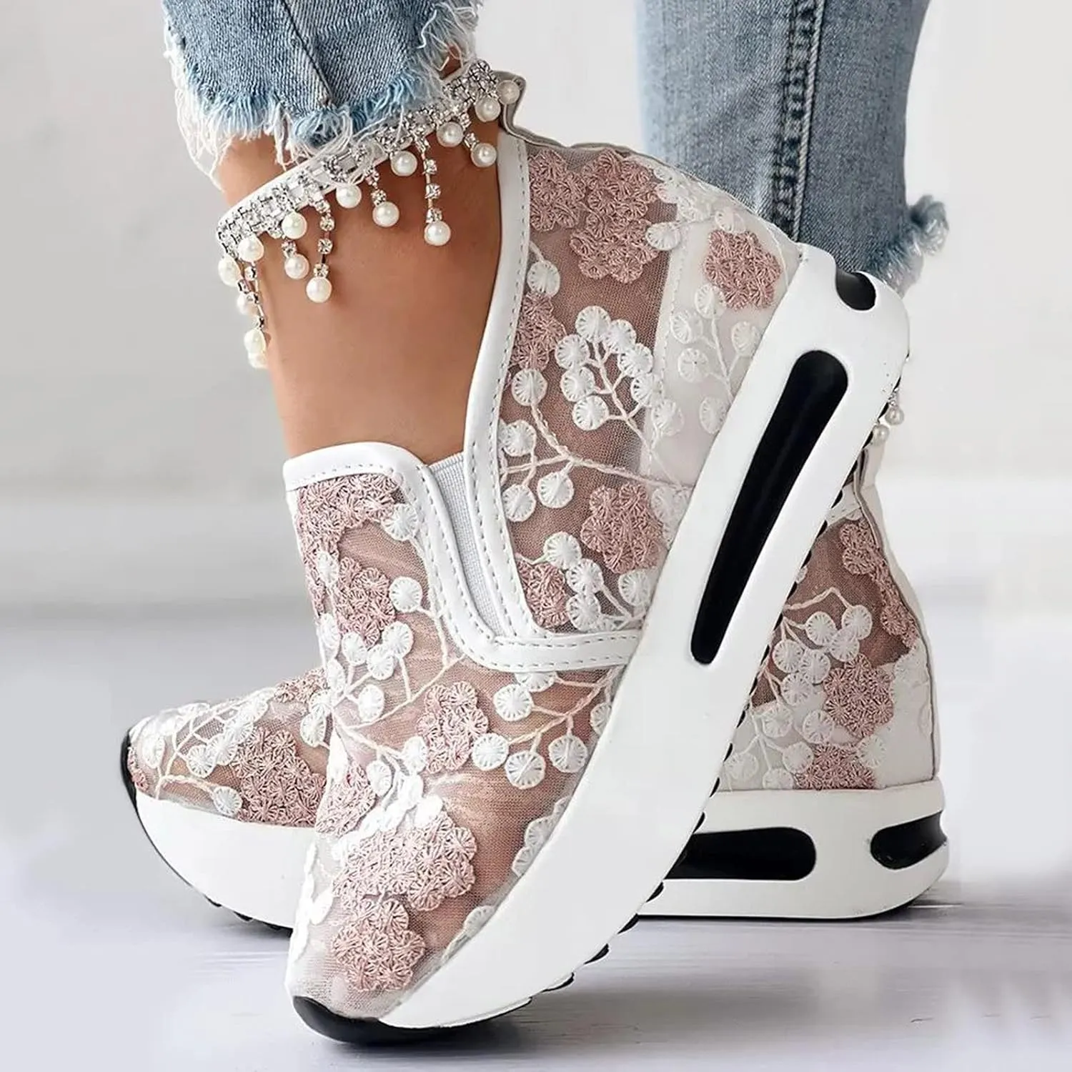 Womenyiaor Platform Wedge Sneakers for Women Dressy, Women's Fashion Sneakers 2024 Floral Embroidery Breathable Sheer Mesh High Heel Slip on Sneakers Casual Comfortable Walking Shoes