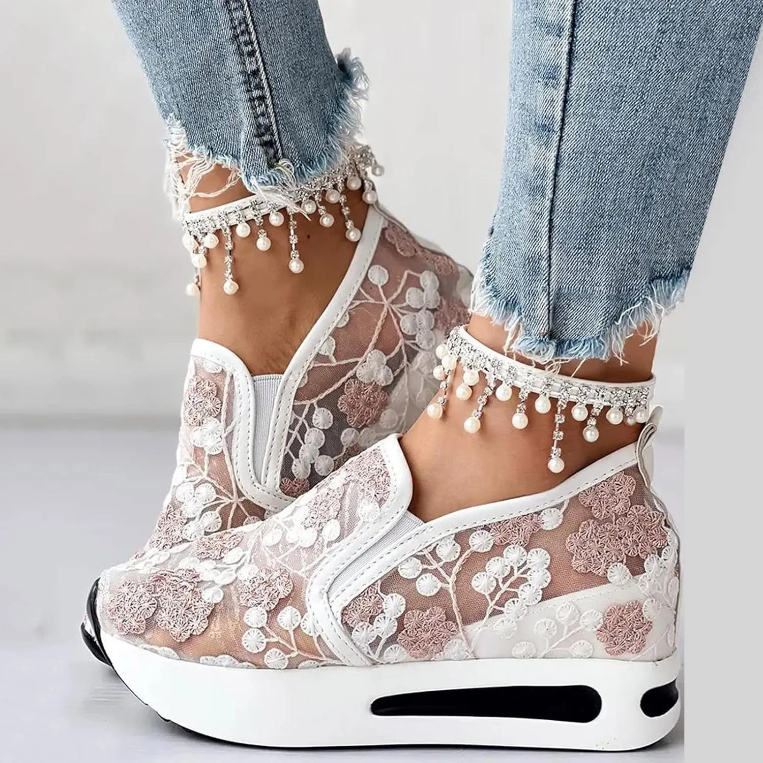 Womenyiaor Platform Wedge Sneakers for Women Dressy, Women's Fashion Sneakers 2024 Floral Embroidery Breathable Sheer Mesh High Heel Slip on Sneakers Casual Comfortable Walking Shoes