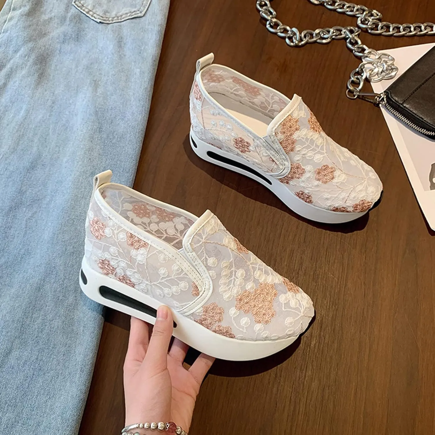 Womenyiaor Platform Wedge Sneakers for Women Dressy, Women's Fashion Sneakers 2024 Floral Embroidery Breathable Sheer Mesh High Heel Slip on Sneakers Casual Comfortable Walking Shoes