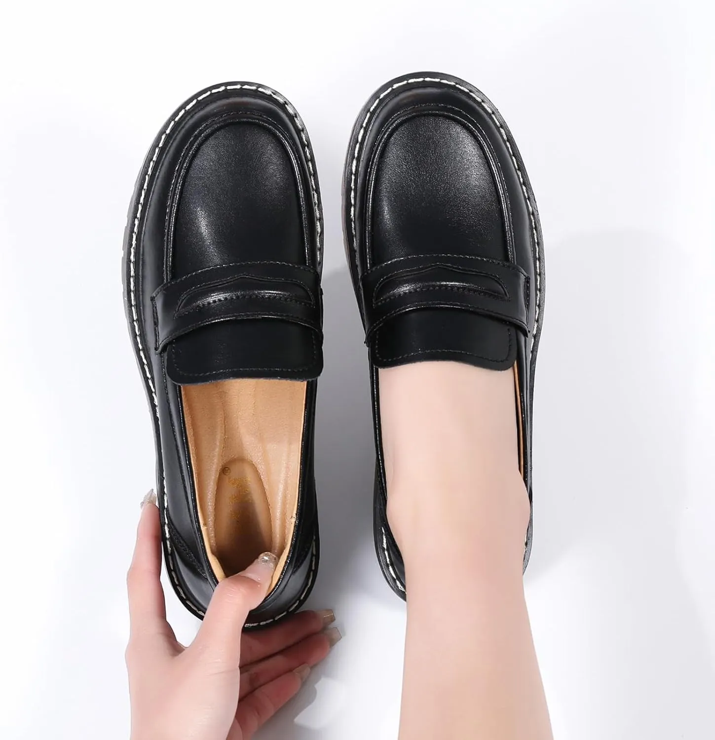 XMM Black Loafers for Women Chunky Loafer Shoes Penny Loafers Flats Lug Sole Lightweight Slip On Ladies Shoes Business Casual Dressy Comfortable Office Shoes