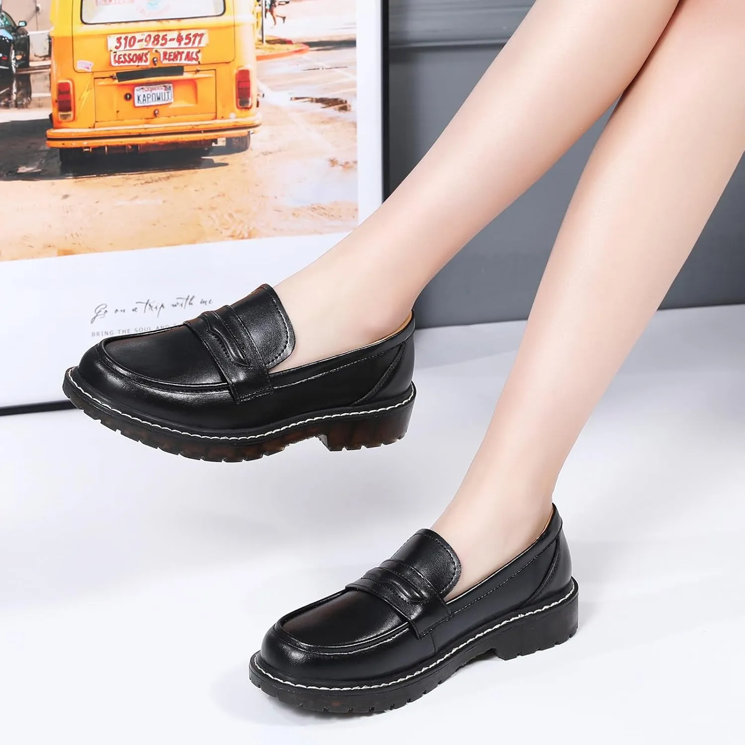 XMM Black Loafers for Women Chunky Loafer Shoes Penny Loafers Flats Lug Sole Lightweight Slip On Ladies Shoes Business Casual Dressy Comfortable Office Shoes