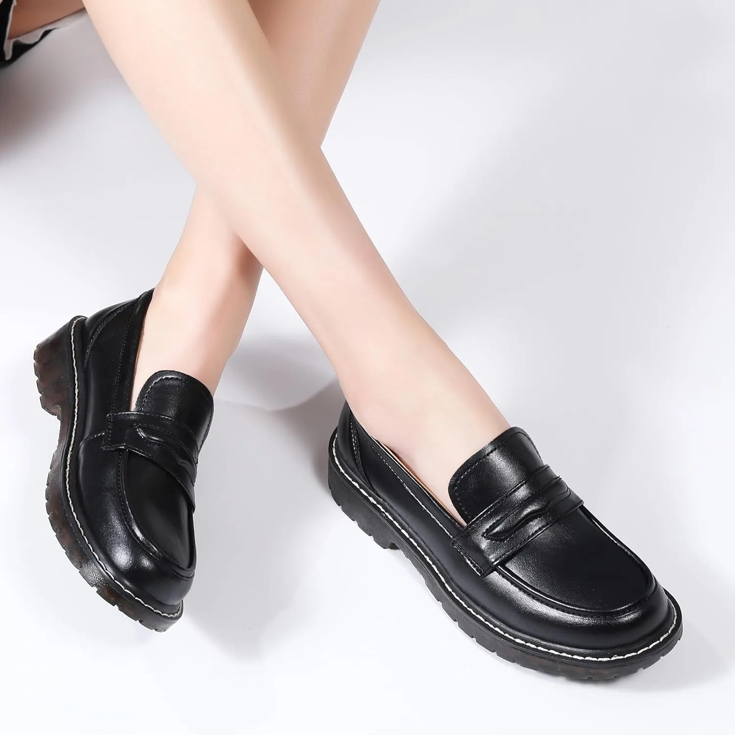 XMM Black Loafers for Women Chunky Loafer Shoes Penny Loafers Flats Lug Sole Lightweight Slip On Ladies Shoes Business Casual Dressy Comfortable Office Shoes