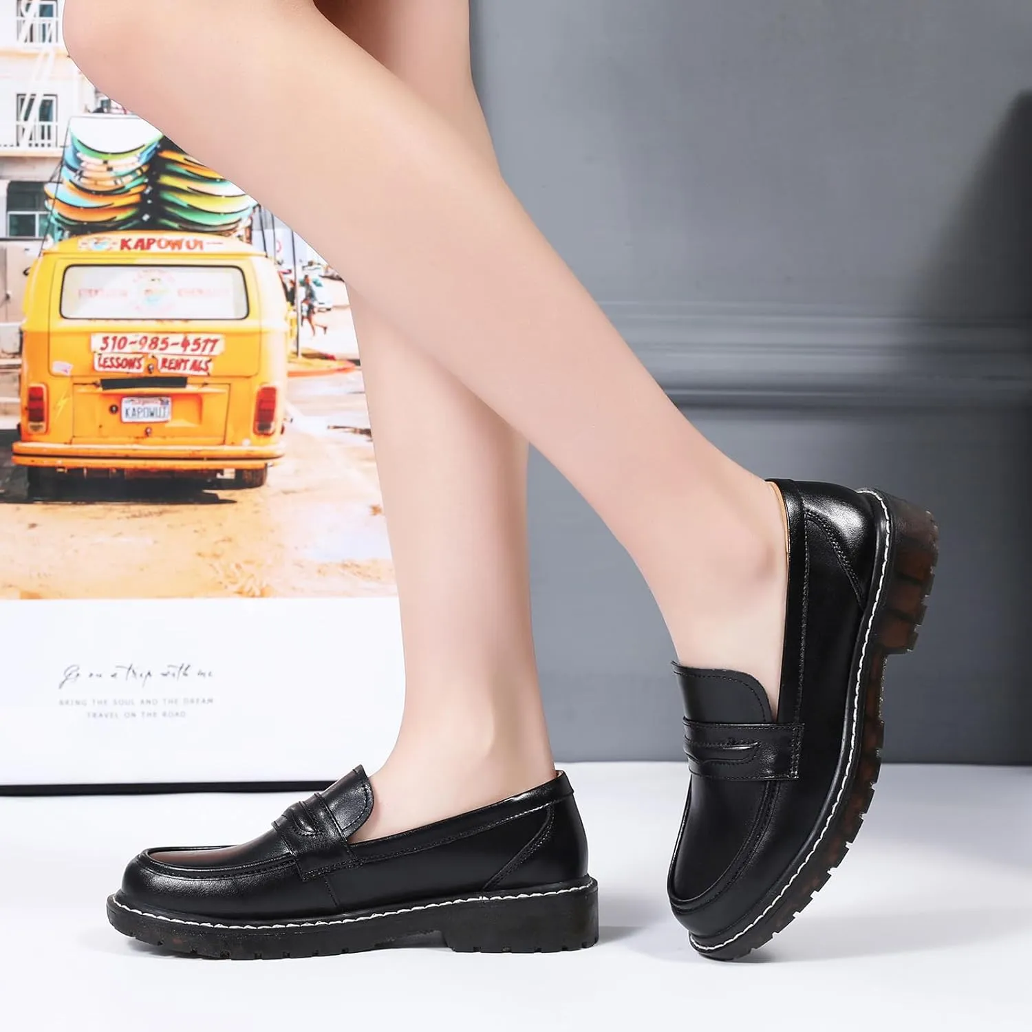 XMM Black Loafers for Women Chunky Loafer Shoes Penny Loafers Flats Lug Sole Lightweight Slip On Ladies Shoes Business Casual Dressy Comfortable Office Shoes