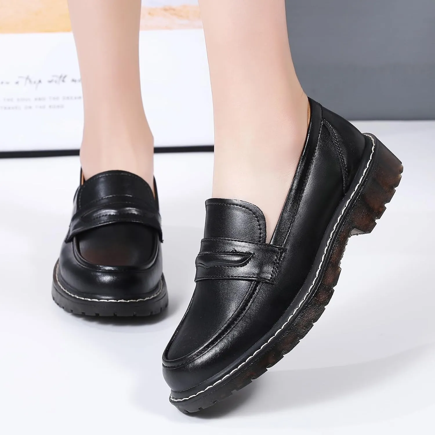 XMM Black Loafers for Women Chunky Loafer Shoes Penny Loafers Flats Lug Sole Lightweight Slip On Ladies Shoes Business Casual Dressy Comfortable Office Shoes