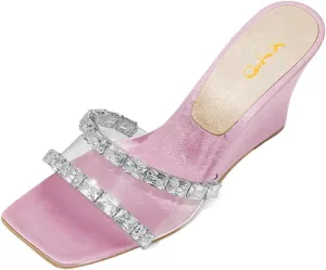 XYD Women Transparent PVC Rhinestones Wedges High Heel Slides Sandals Square Open Toe Summer Dress Shoes