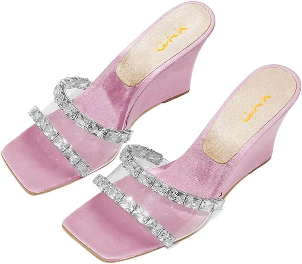 XYD Women Transparent PVC Rhinestones Wedges High Heel Slides Sandals Square Open Toe Summer Dress Shoes