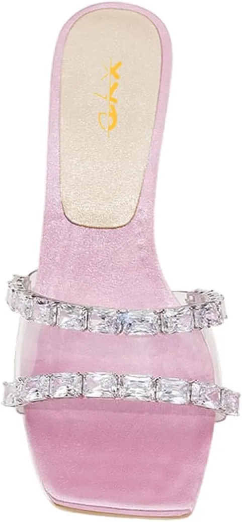 XYD Women Transparent PVC Rhinestones Wedges High Heel Slides Sandals Square Open Toe Summer Dress Shoes