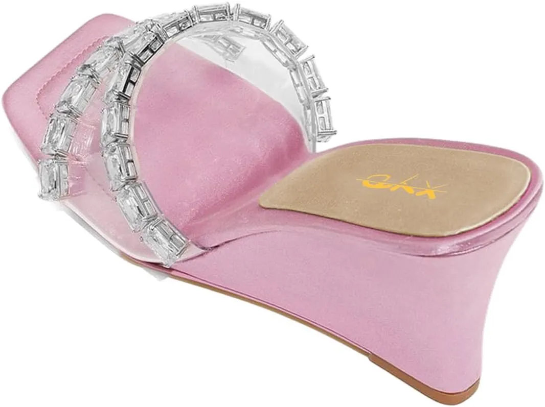 XYD Women Transparent PVC Rhinestones Wedges High Heel Slides Sandals Square Open Toe Summer Dress Shoes