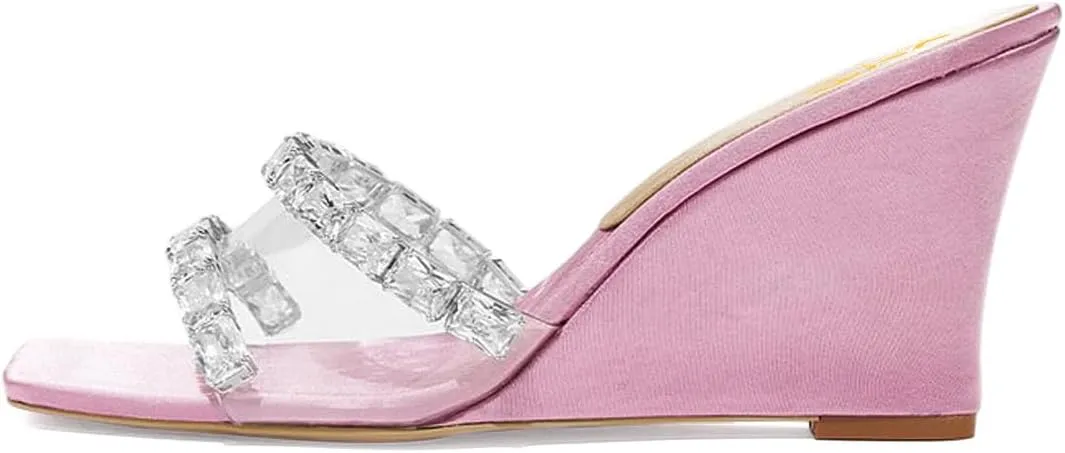 XYD Women Transparent PVC Rhinestones Wedges High Heel Slides Sandals Square Open Toe Summer Dress Shoes