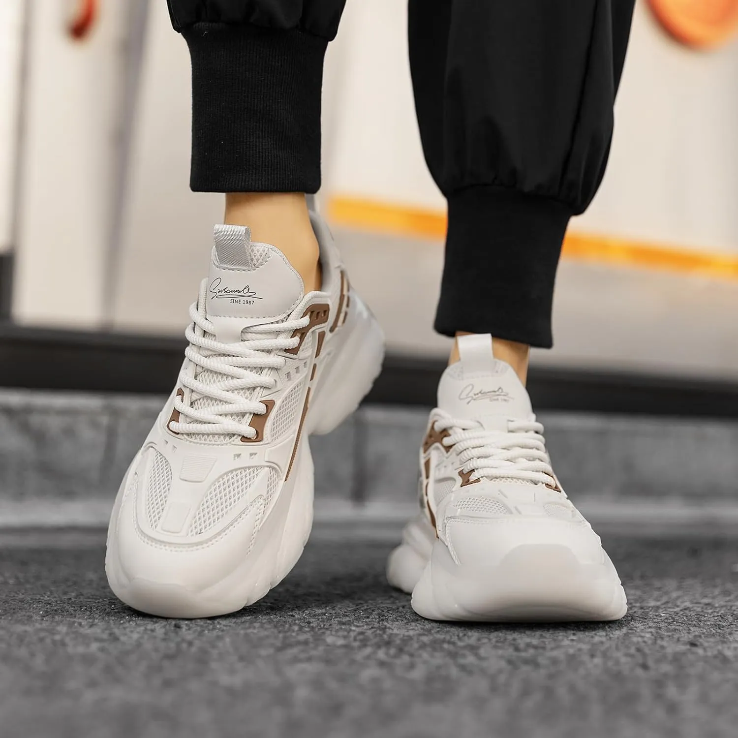 YCMM Casual Mesh Walking Shoes for Men Chunky Platform Sneakers Breathable Lace-Up Dad Style Footwear for Work Workout Everyday Use