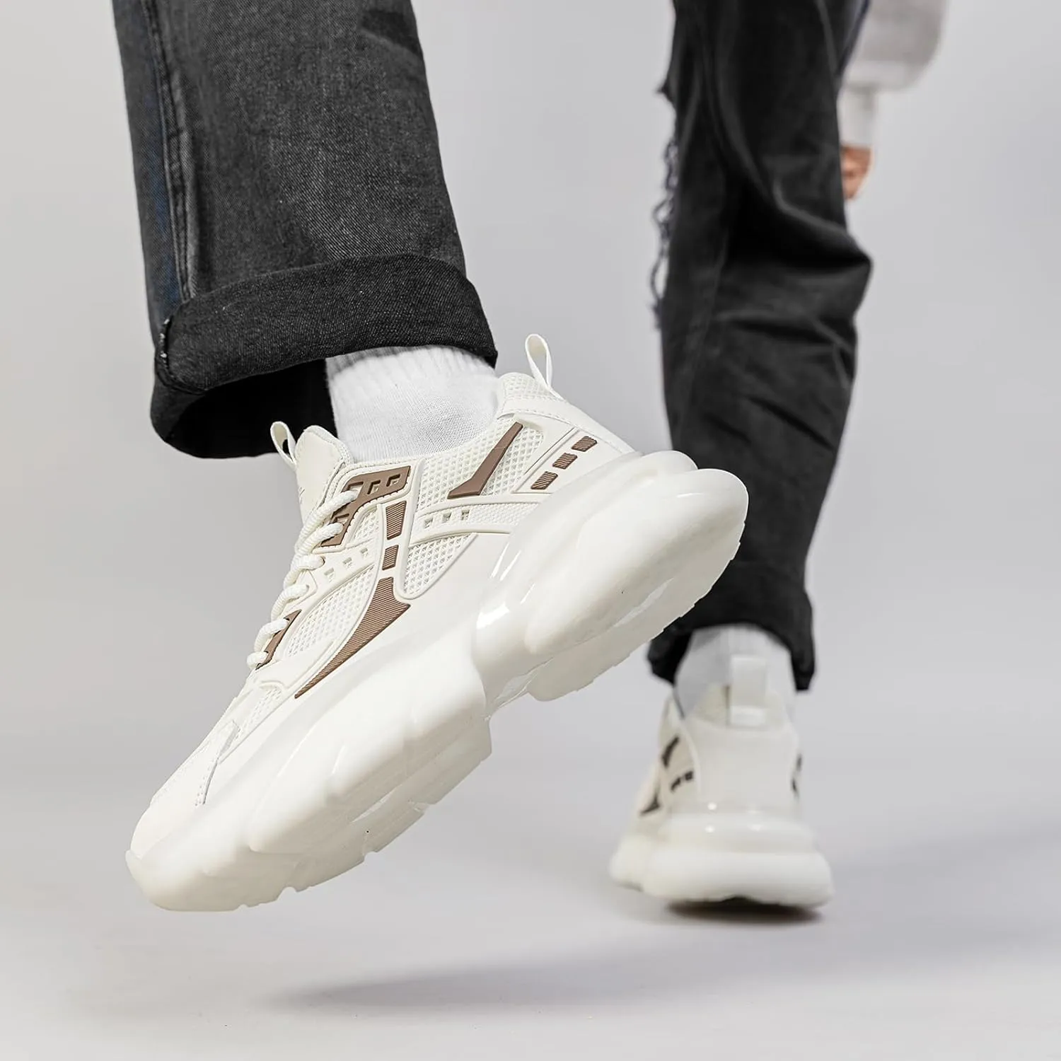 YCMM Casual Mesh Walking Shoes for Men Chunky Platform Sneakers Breathable Lace-Up Dad Style Footwear for Work Workout Everyday Use