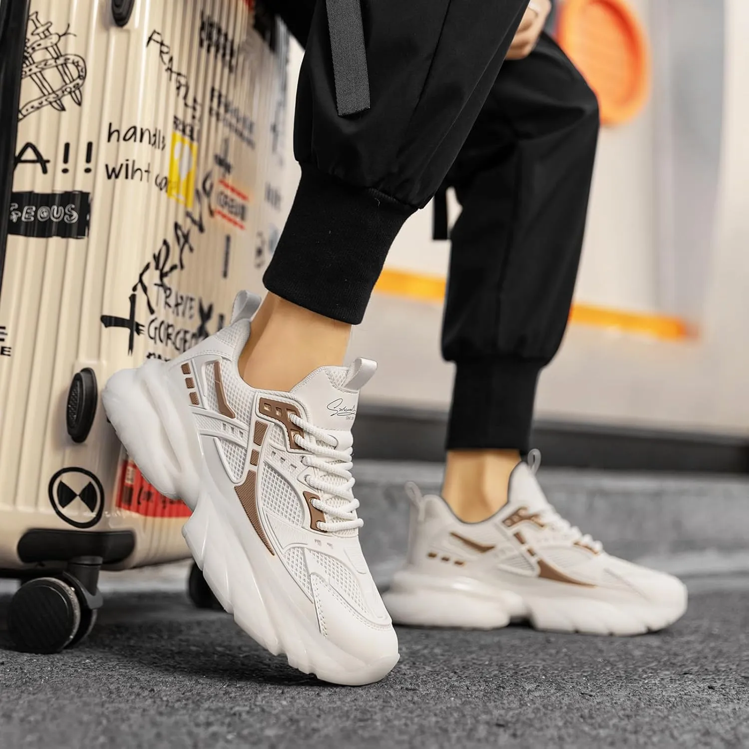 YCMM Casual Mesh Walking Shoes for Men Chunky Platform Sneakers Breathable Lace-Up Dad Style Footwear for Work Workout Everyday Use
