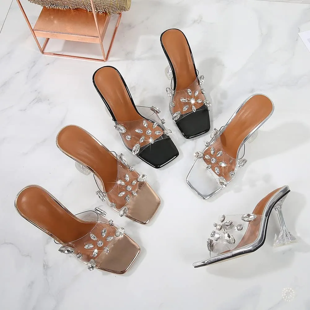 YIYA Clear Transparent Colorful Heeled Sandals for Women Open Square Toe Stiletto Mules Backless Slip on Jeweled Slide Heels Slipper Dress Shoes