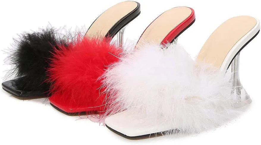 YIYA Women's Feather High Heels Slides Sexy Peep Toe Summer Fur Slippers Clear Heeled Mules Slip On Slide Sandal