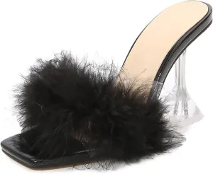 YIYA Women's Feather High Heels Slides Sexy Peep Toe Summer Fur Slippers Clear Heeled Mules Slip On Slide Sandal