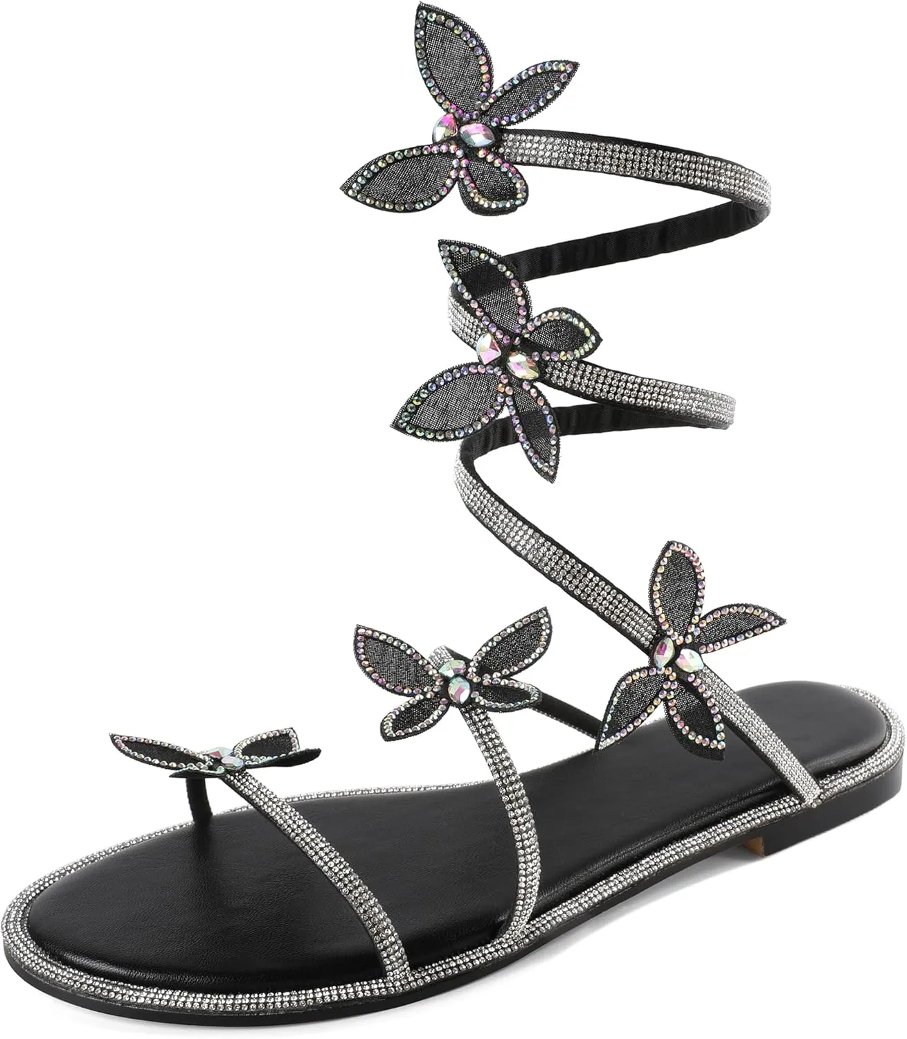 Zamikoo Flat Sandals for Women Rhinestone Wrap Around Open Toe Slip On Cute Flat Sandals for Summer Sparkly Slides Sandals