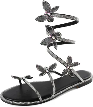 Zamikoo Flat Sandals for Women Rhinestone Wrap Around Open Toe Slip On Cute Flat Sandals for Summer Sparkly Slides Sandals