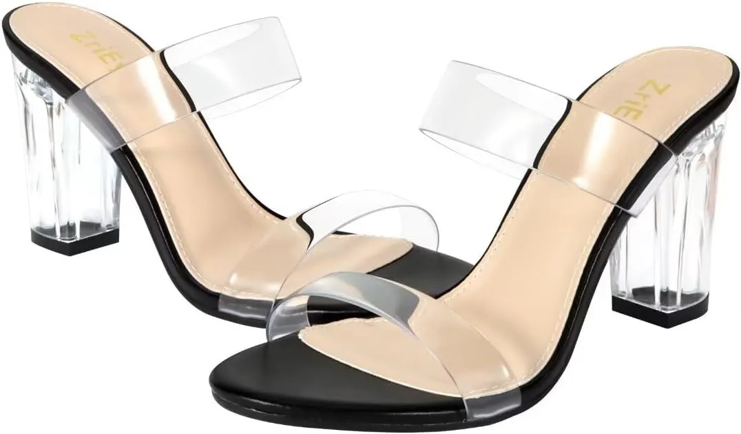 ZriEy Women's Chunky Block Open Toe Mid High Heeled Sandals Two Strap Slip on Heels Slide Sandals for Party Wedding Dress Dating Daily Pumps Shoes
